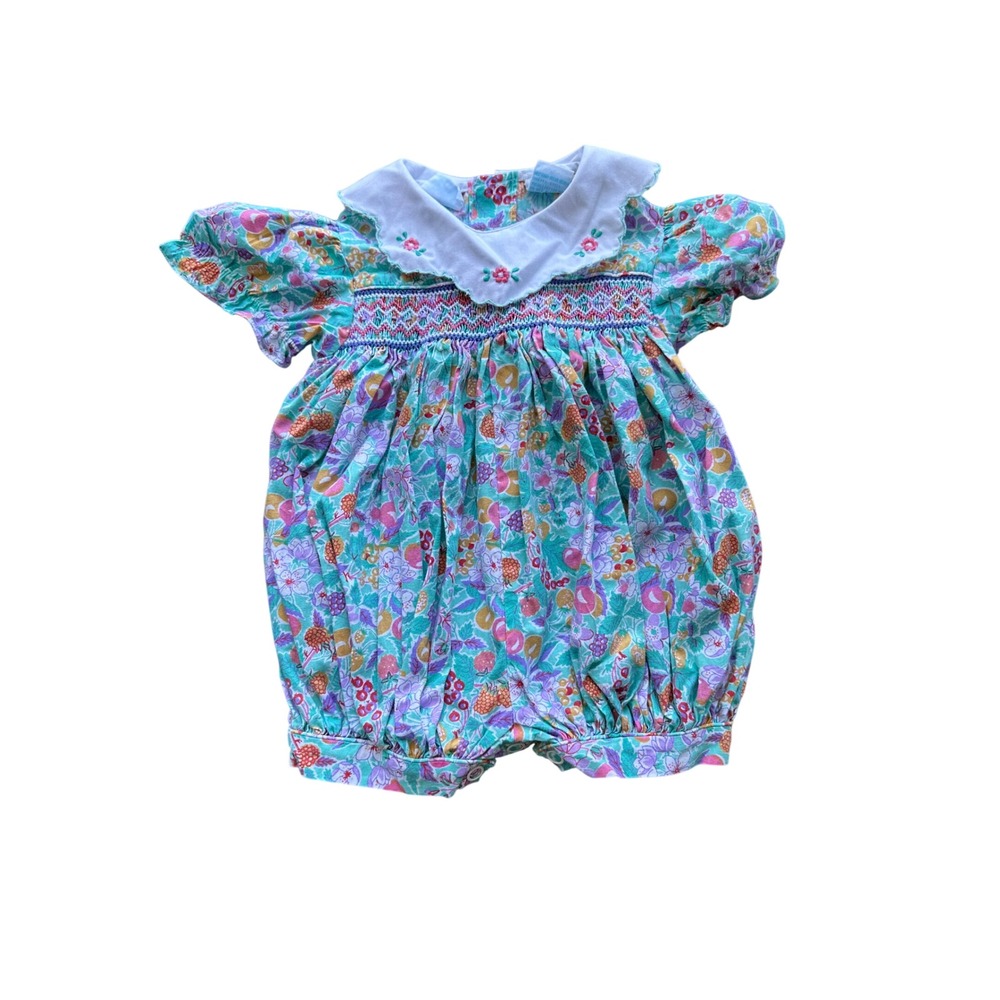 Bright Future Vintage Floral Smocked Bubble Romper Peter Pan Collar Teal 0-3M